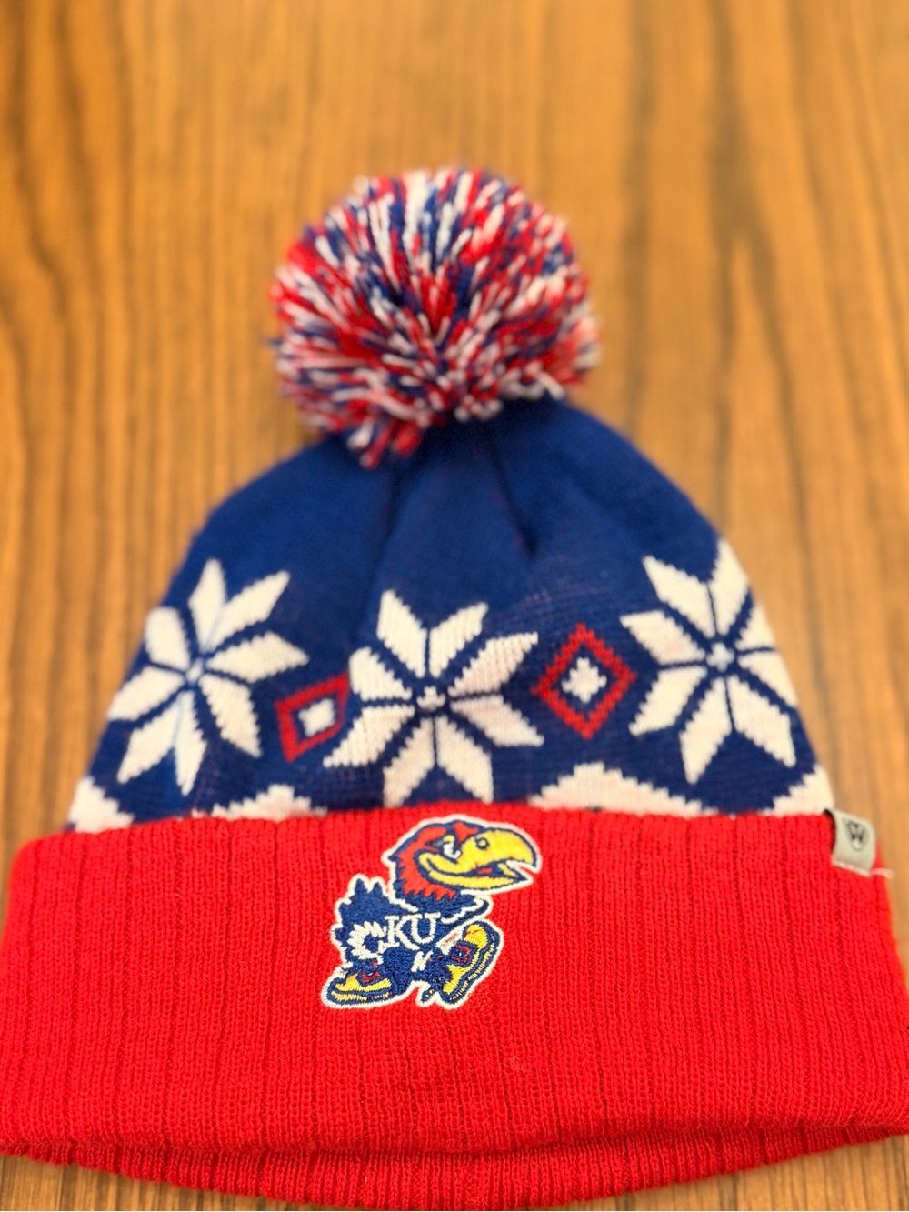 Top of the World Kids Blue & Red Pom Knit Beanie with Jayhawk Patch